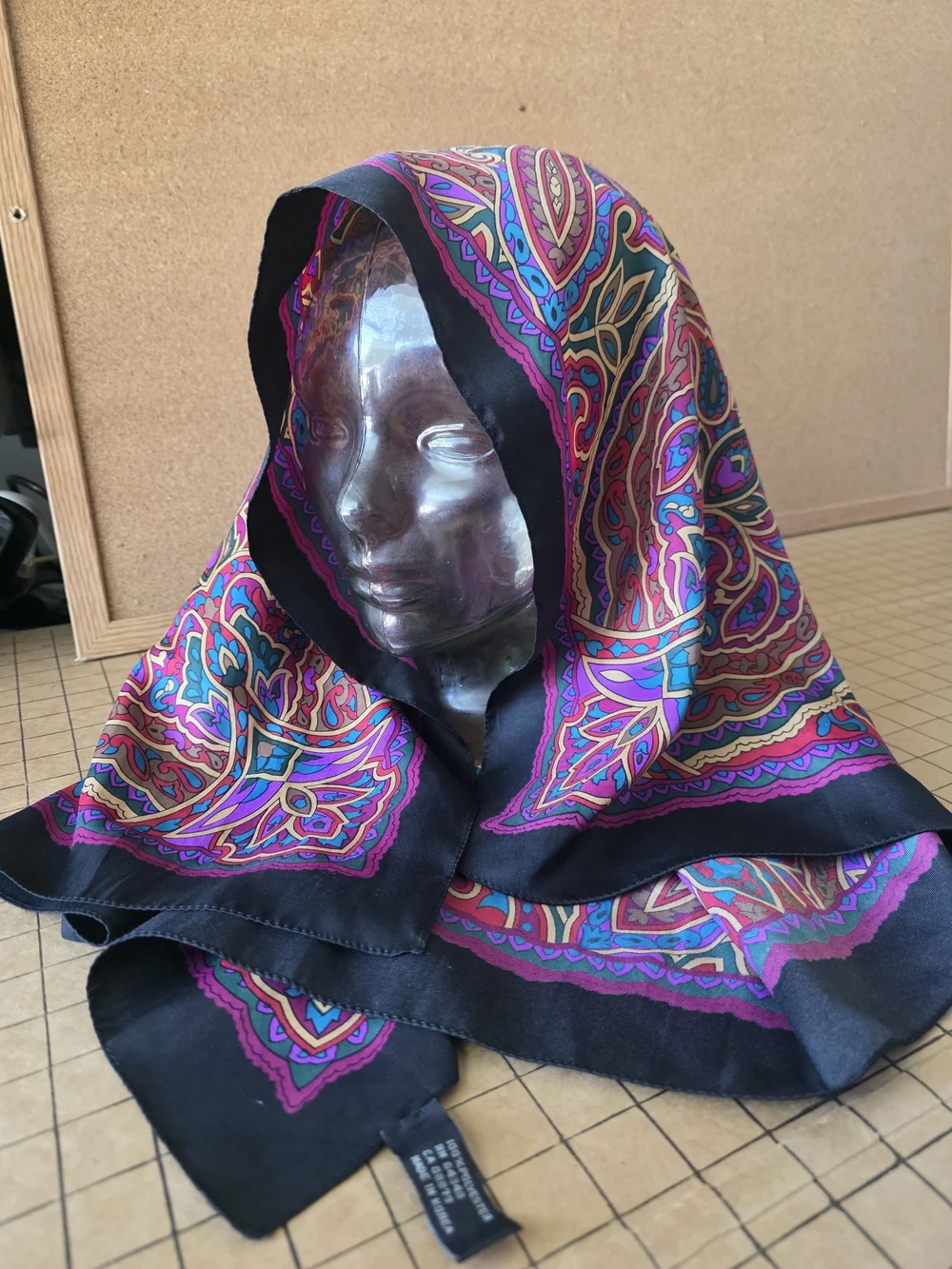 Vintage 80s/90s Jewel Tone Paisley Square Scarf Wrap 34” Purple Pink Black Boho